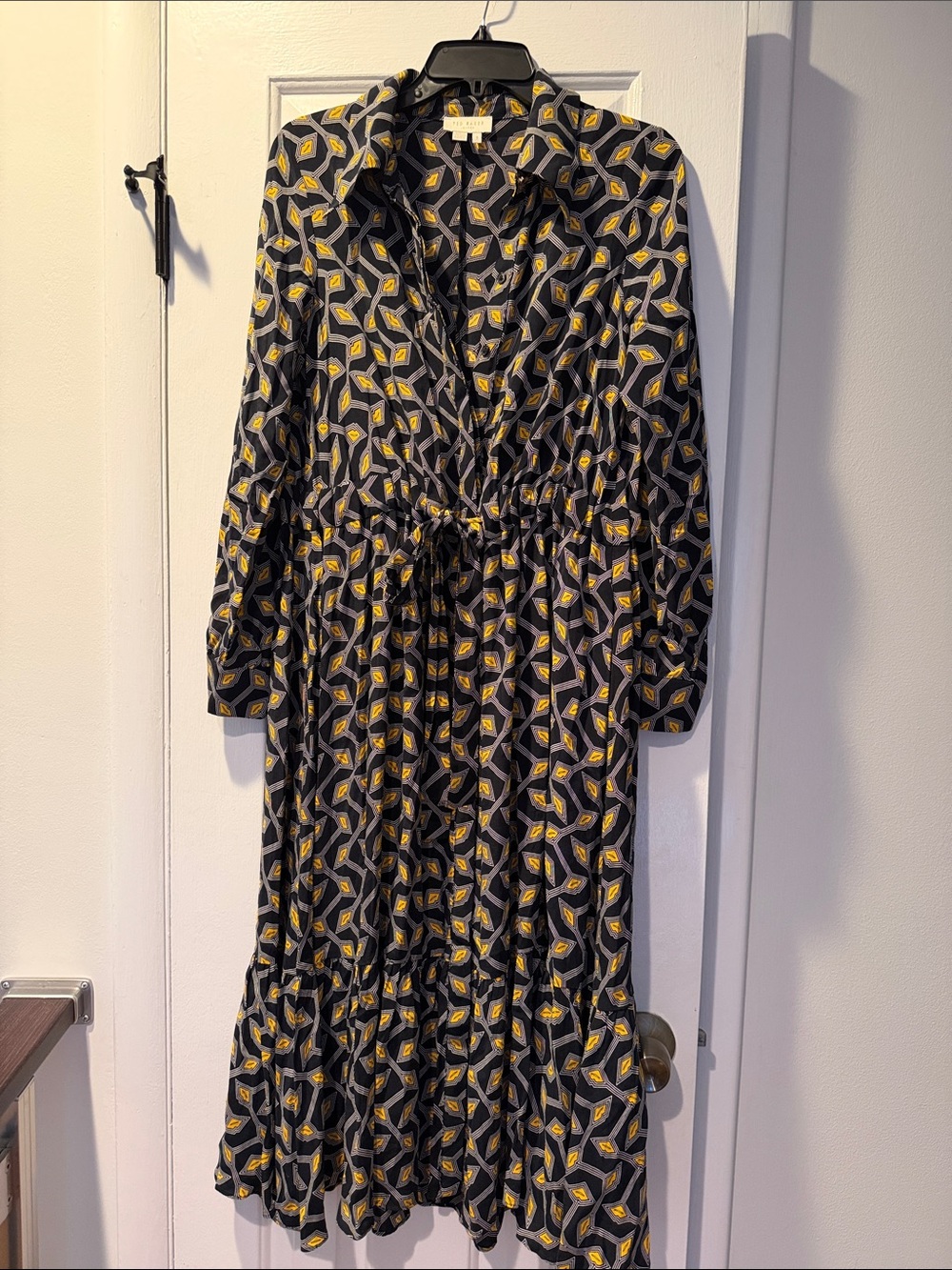 Ted Baker Black Long-Sleeve Printed Shirt Dress with Yellow Accents